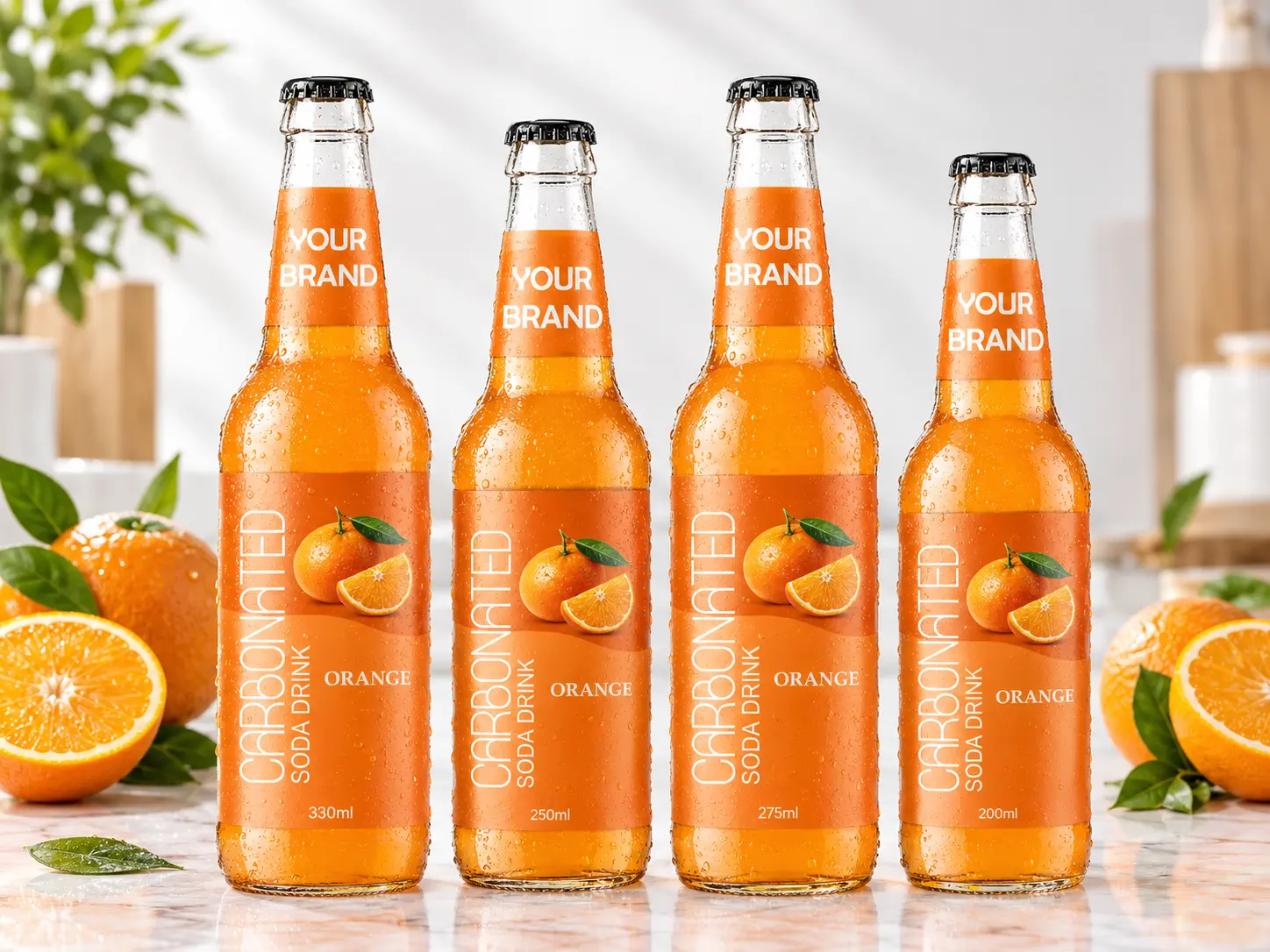 CARBONATED SODA DRINK Orange flavour in 330ml, 250ml, 275ml and 200ml glass bottles.